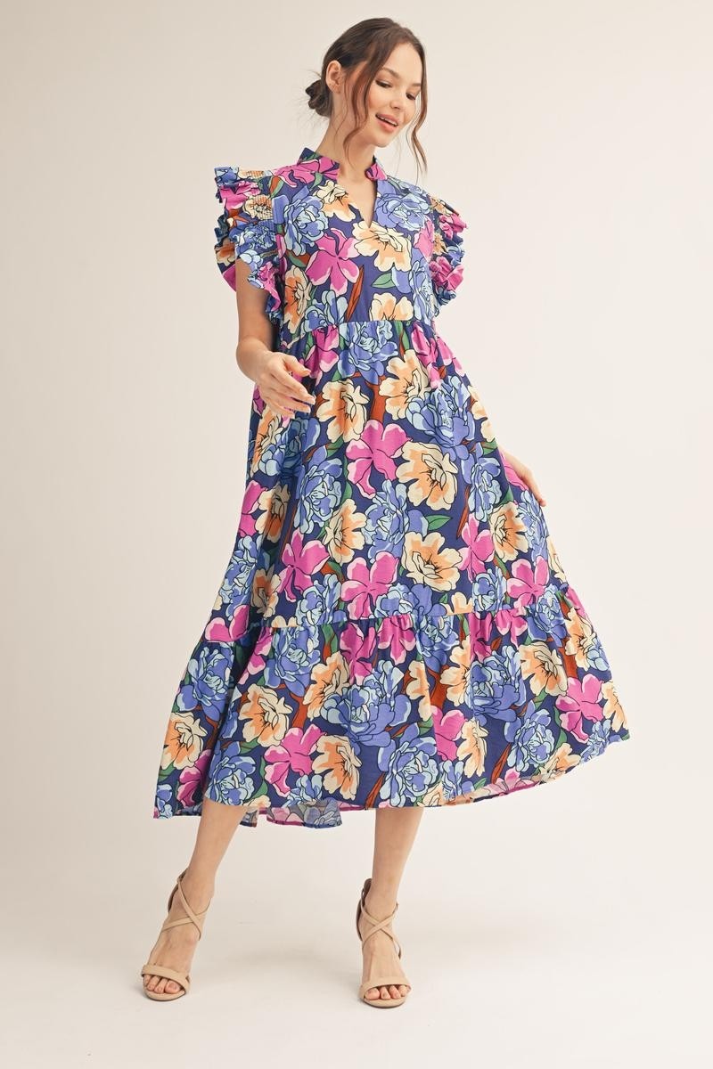 The Keri Ruffle Sleeve Floral Midi Dress - Royal