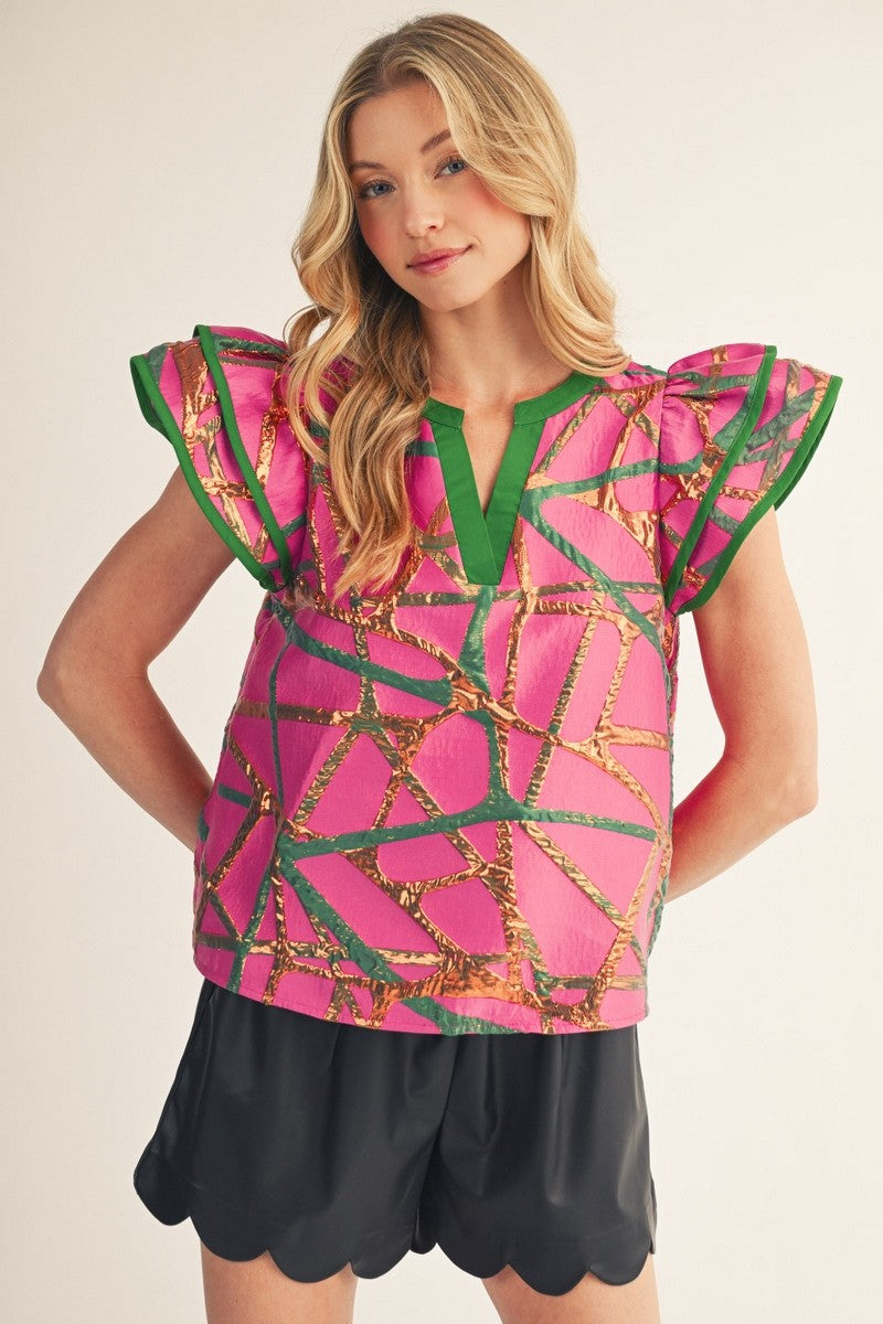 The Giada Abstract Metallic Jacquard Top - Magenta