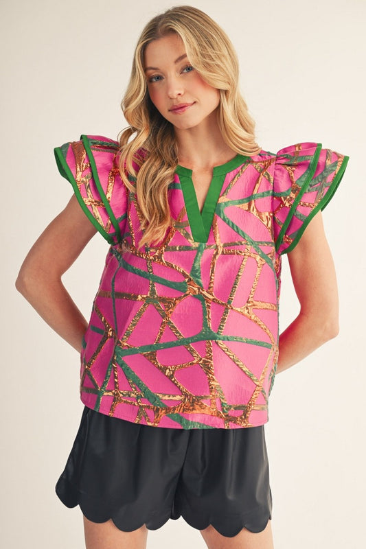 The Giada Abstract Metallic Jacquard Top - Magenta