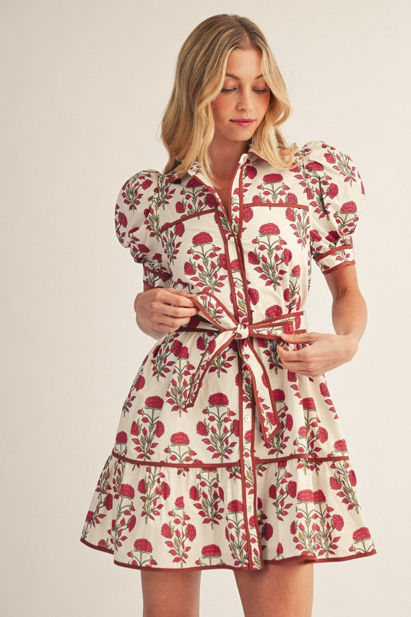 The Joelle Puff Shoulder Button Down Floral Dress - Ivory