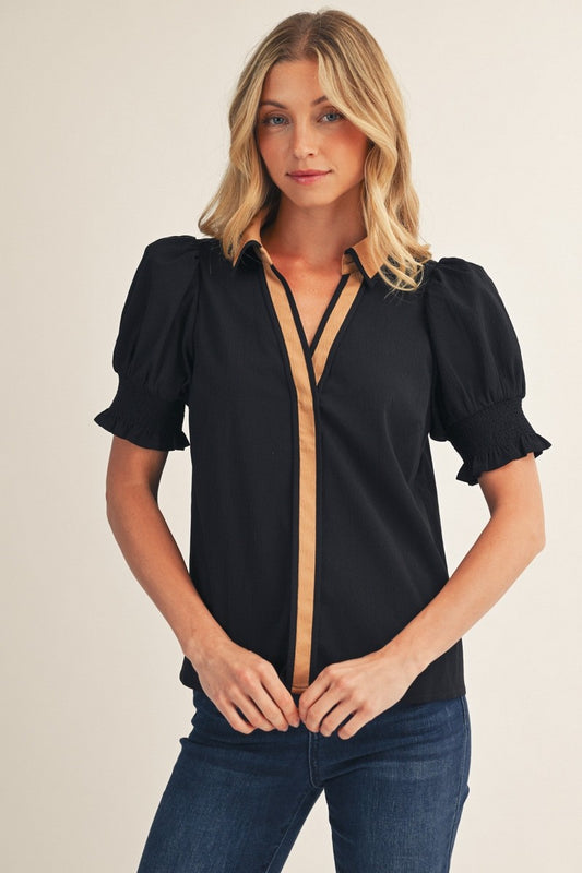 The Preston Contrast Accent Crinkle Top - Black