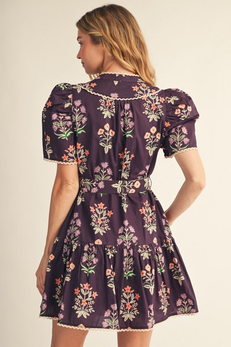 The Faelan Puff Shoulder Floral Dress - Eggplant