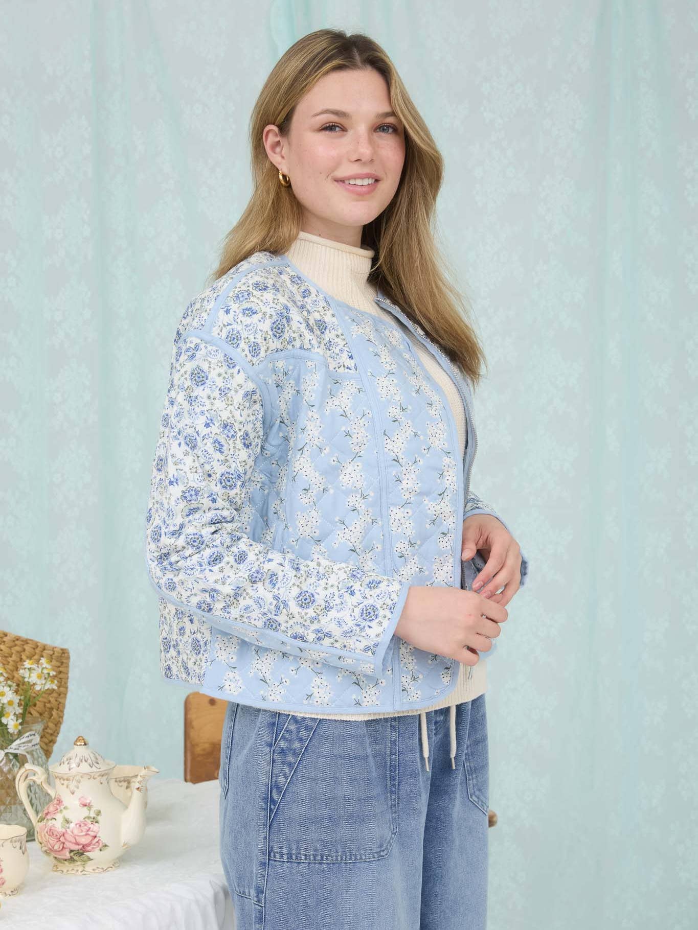 The Piper Colorblock Floral Zip-Up Quilted Jacket