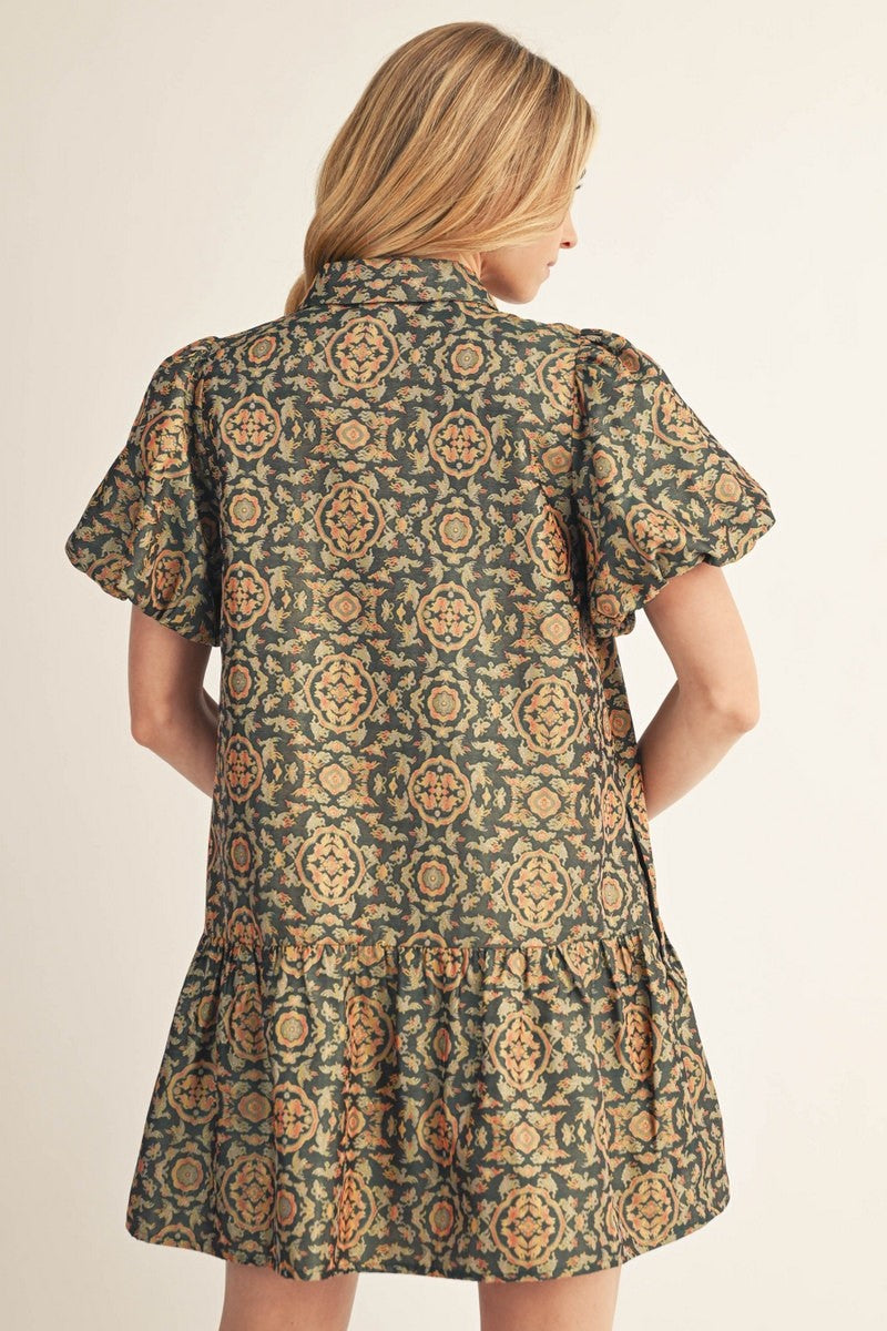 The Velda Puff Sleeves Baroque Jacquard Dress
