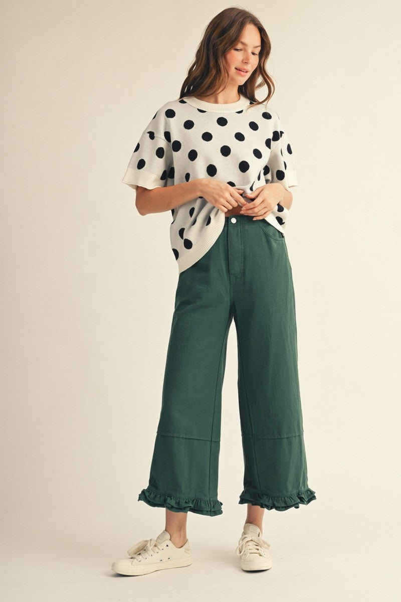 The Camden Ruffle Hem Wide Leg Casual Pants - Green
