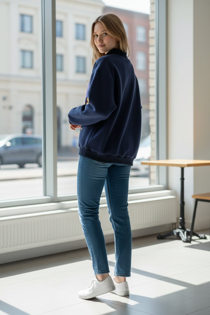 The Dilly Dally Reversible Mock Neck Sweatshirt - Navy/Rainbow