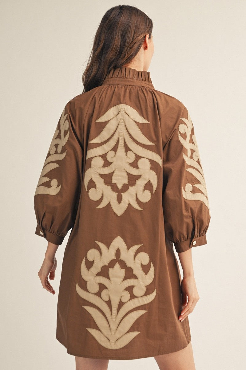 The Abilene Baroque Appliqué Shift Dress - Brown