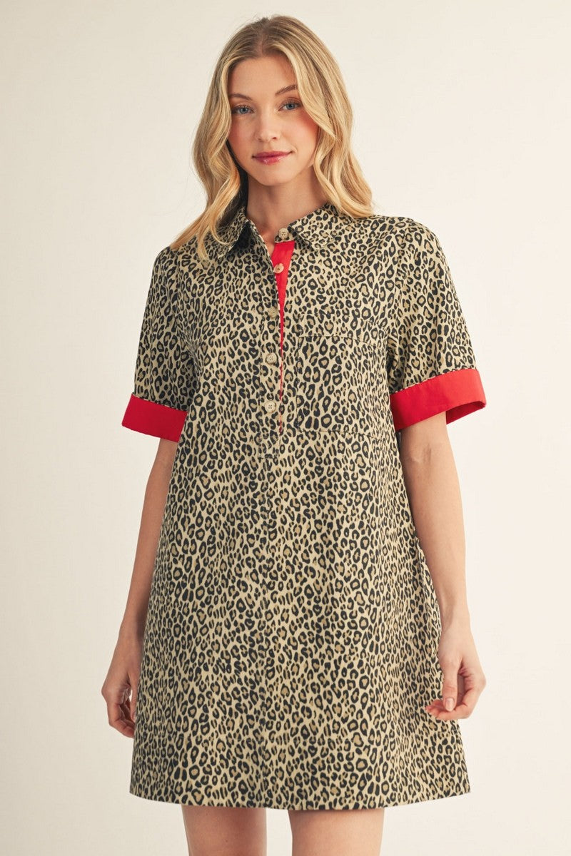 The Malorie Color Contrast Accent Leopard Dress - Beige