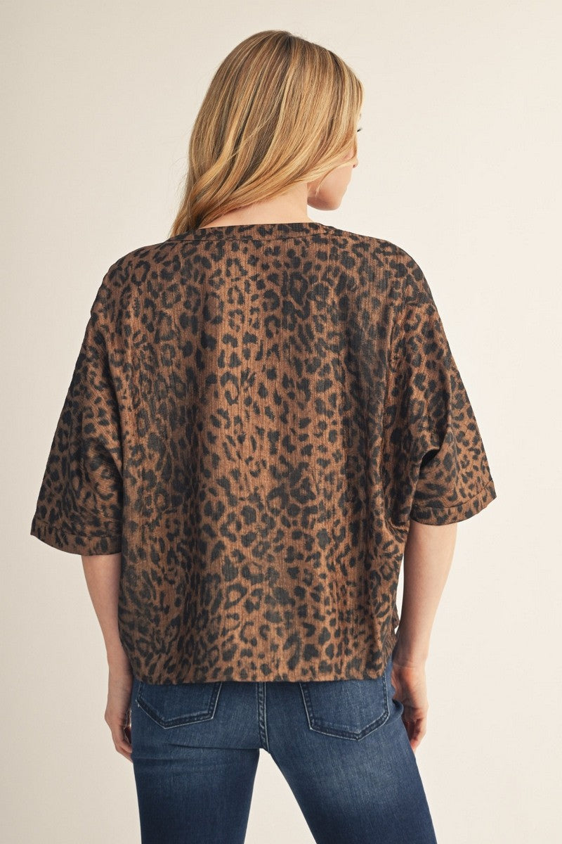 The Hayden Metallic Leopard Button Down Top - Brown