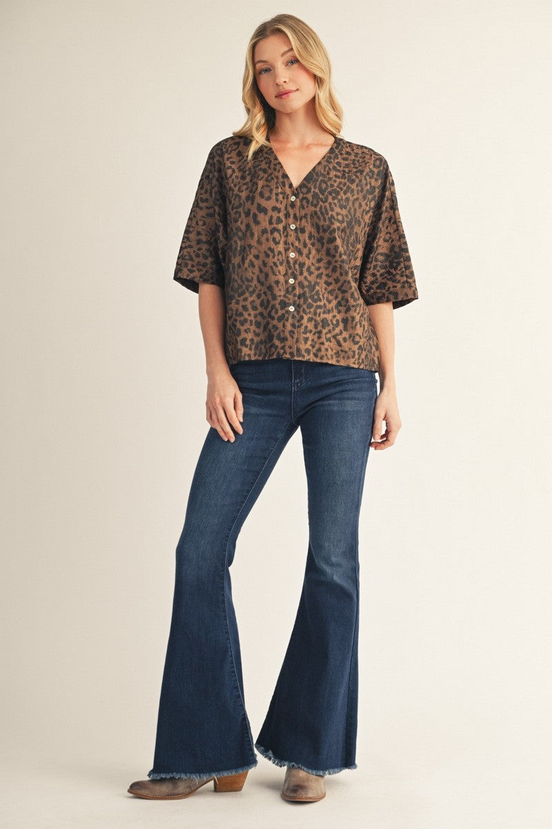 The Hayden Metallic Leopard Button Down Top - Brown