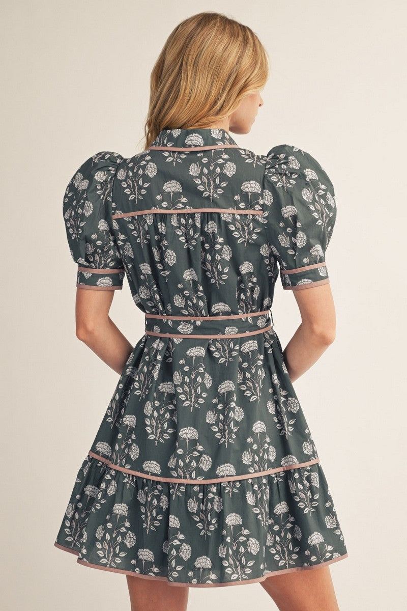 The Joelle Puff Shoulder Button Down Floral Dress - Hunter Green