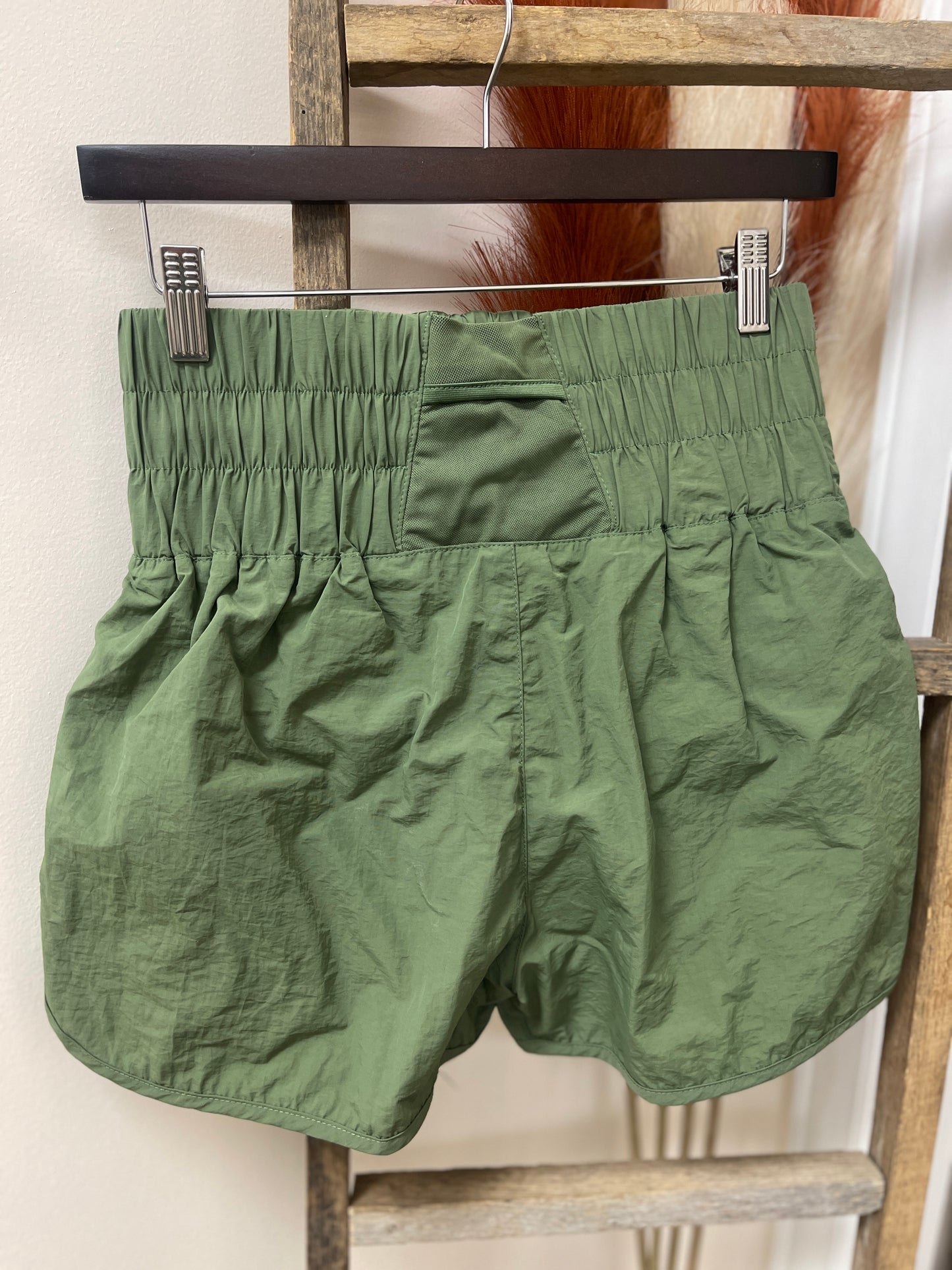 FINAL SALE - Olive Smocked High Waistband Windbreaker Running Shorts