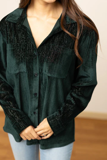 The Forest Green Velvet Button Up Top