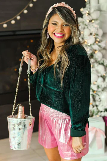 The Forest Green Velvet Button Up Top