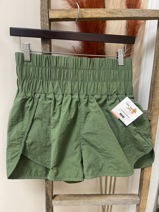 FINAL SALE - Olive Smocked High Waistband Windbreaker Running Shorts
