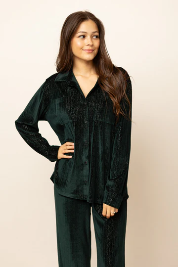 The Forest Green Velvet Button Up Top