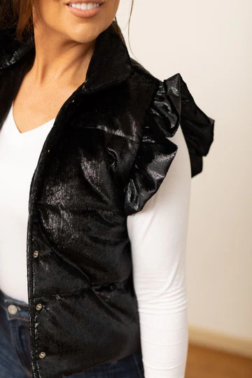 The Black Shimmer Ruffle Sleeve Puffer Vest
