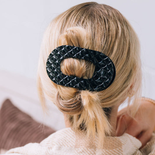 TELETIES - Large Flat Round Hair Clip - Jet Black Quilted