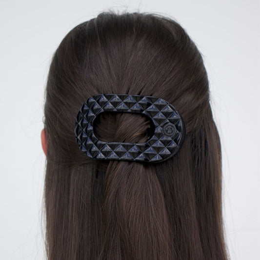 TELETIES - Medium Flat Round Hair Clip - Jet Black Quilted