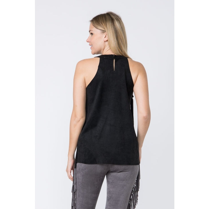 FINAL SALE - Western Princess Suede Fringed Top - Black