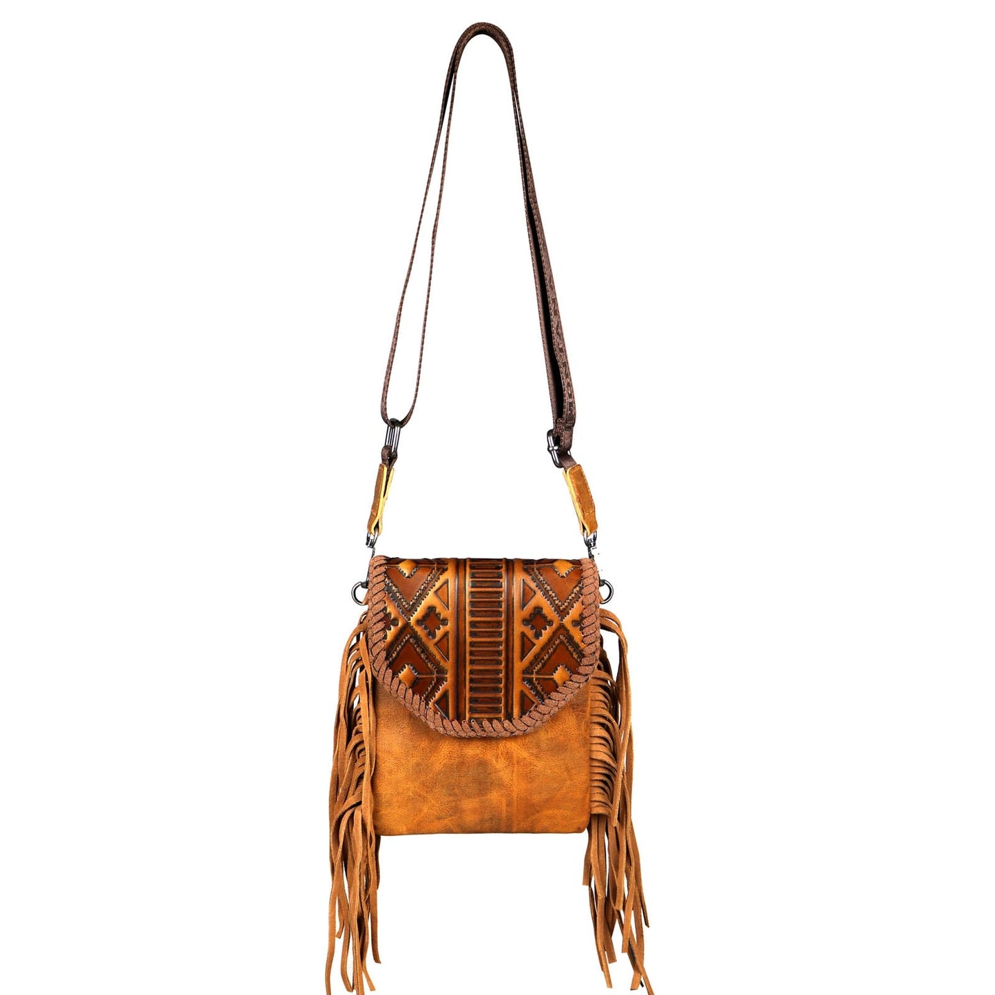 Montana West Genuine Leather Tooled Collection Crossbody - Brown Aztec
