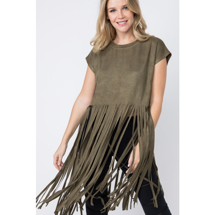 FINAL SALE - Dark Olive Suede SS Long Fringed Top