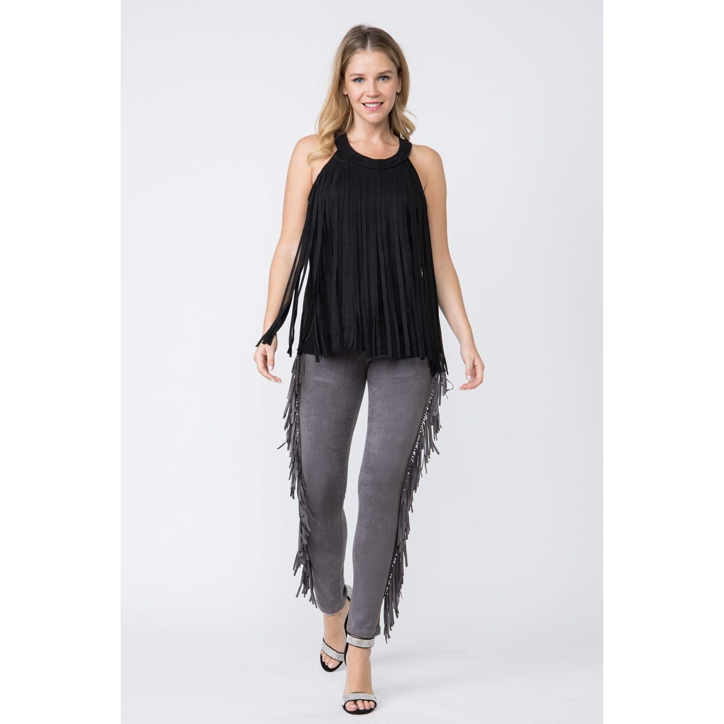 FINAL SALE - Western Princess Suede Fringed Top - Black