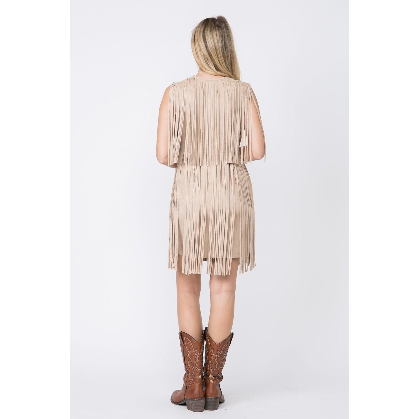 FINAL SALE - Vocal Taupe Suede Fringed Sleeveless Western Dress
