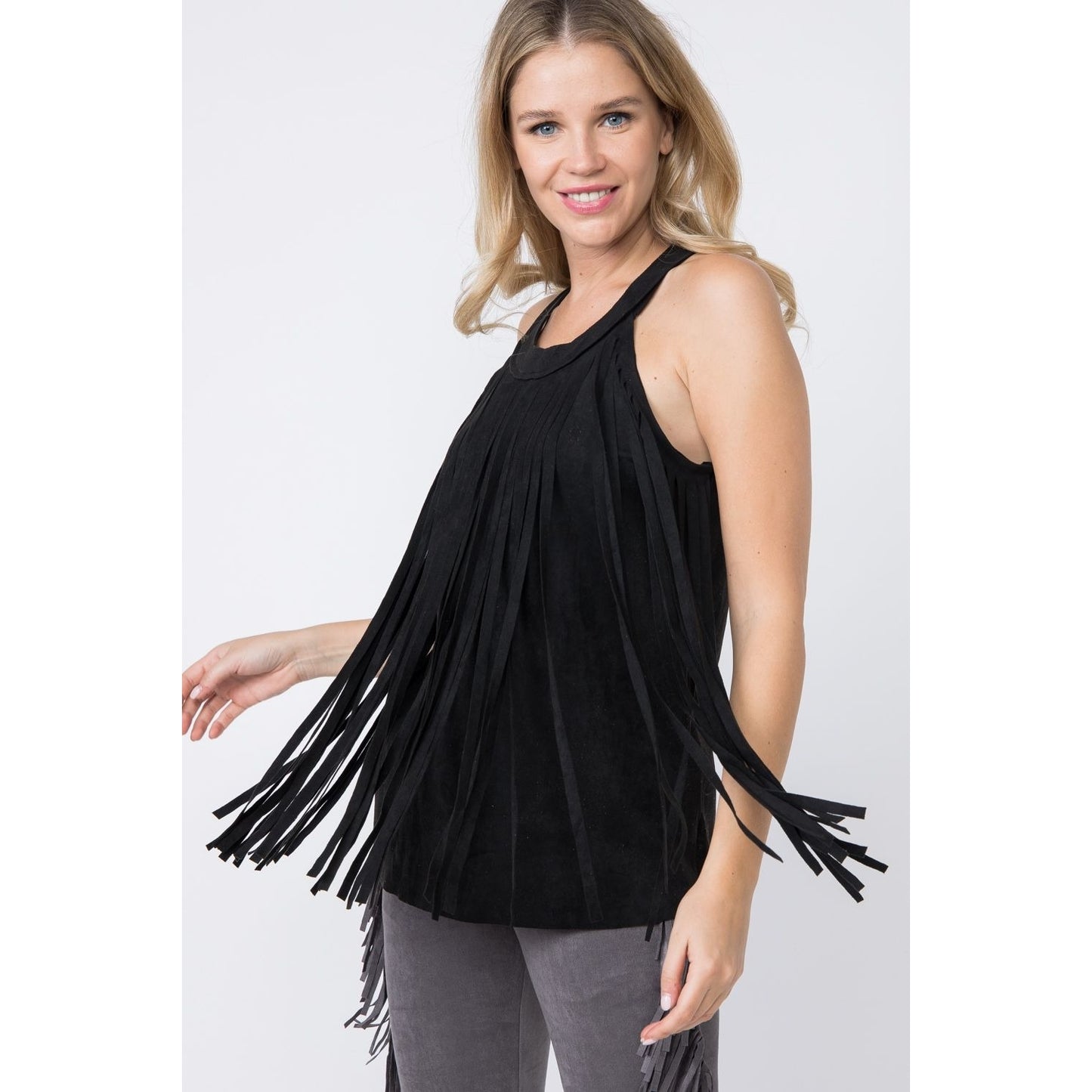 FINAL SALE - Western Princess Suede Fringed Top - Black