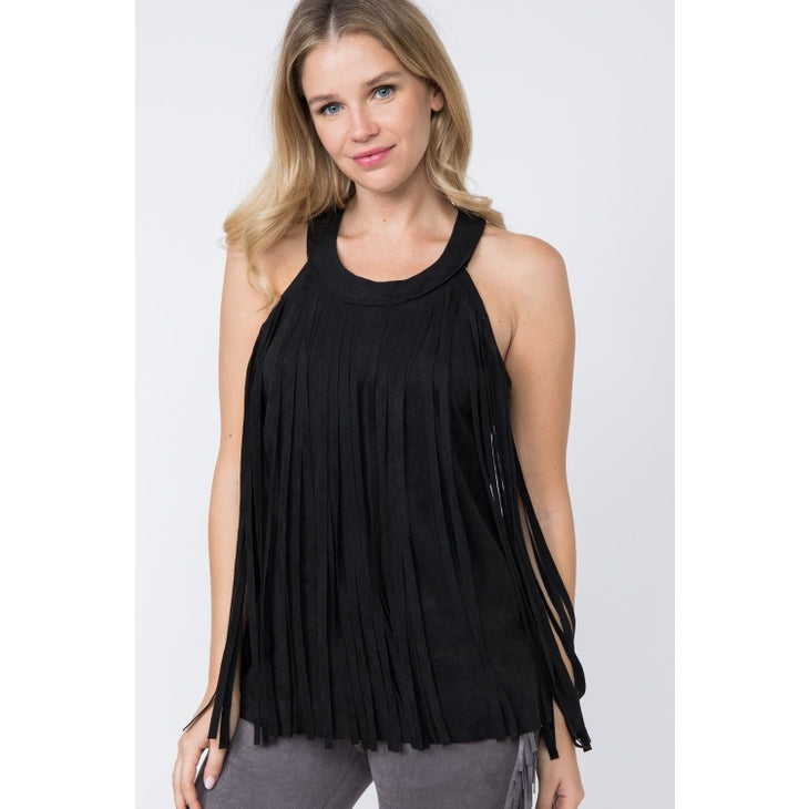 FINAL SALE - Western Princess Suede Fringed Top - Black