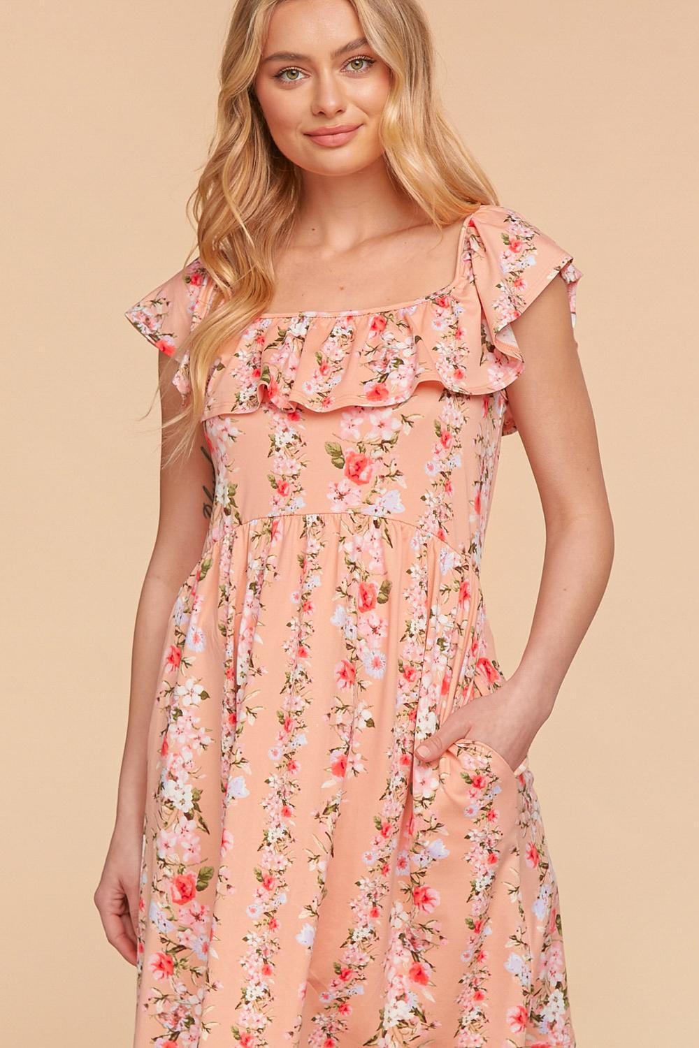FINAL SALE - The Daphne Peach Floral Ruffled Swing Dress