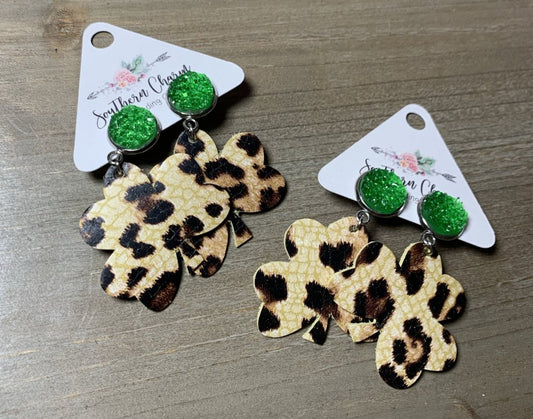 Leopard Shamrocks Green Druzy Dangles