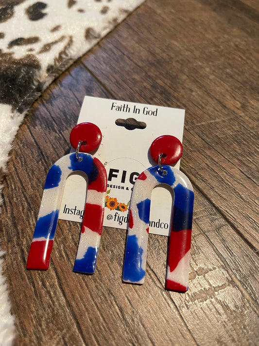 FINAL SALE - FIG // Handmade Clay Earrings - Red, White, & Blue Rainbow Dangles