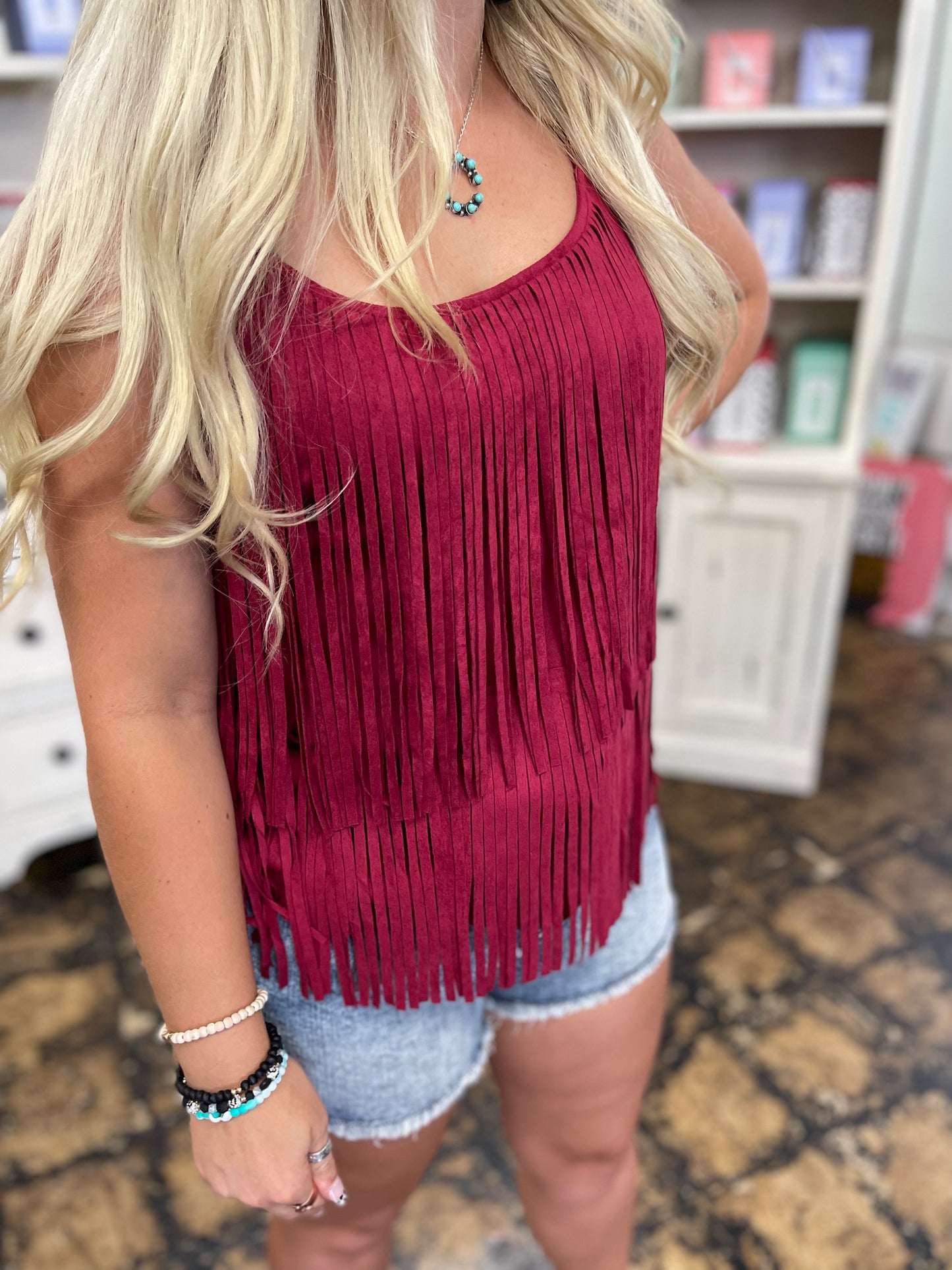 FINAL SALE - Burgundy Suede Fringed Camisole
