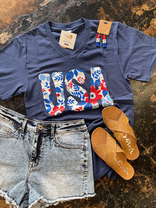 The USA Floral V-Neck Tee