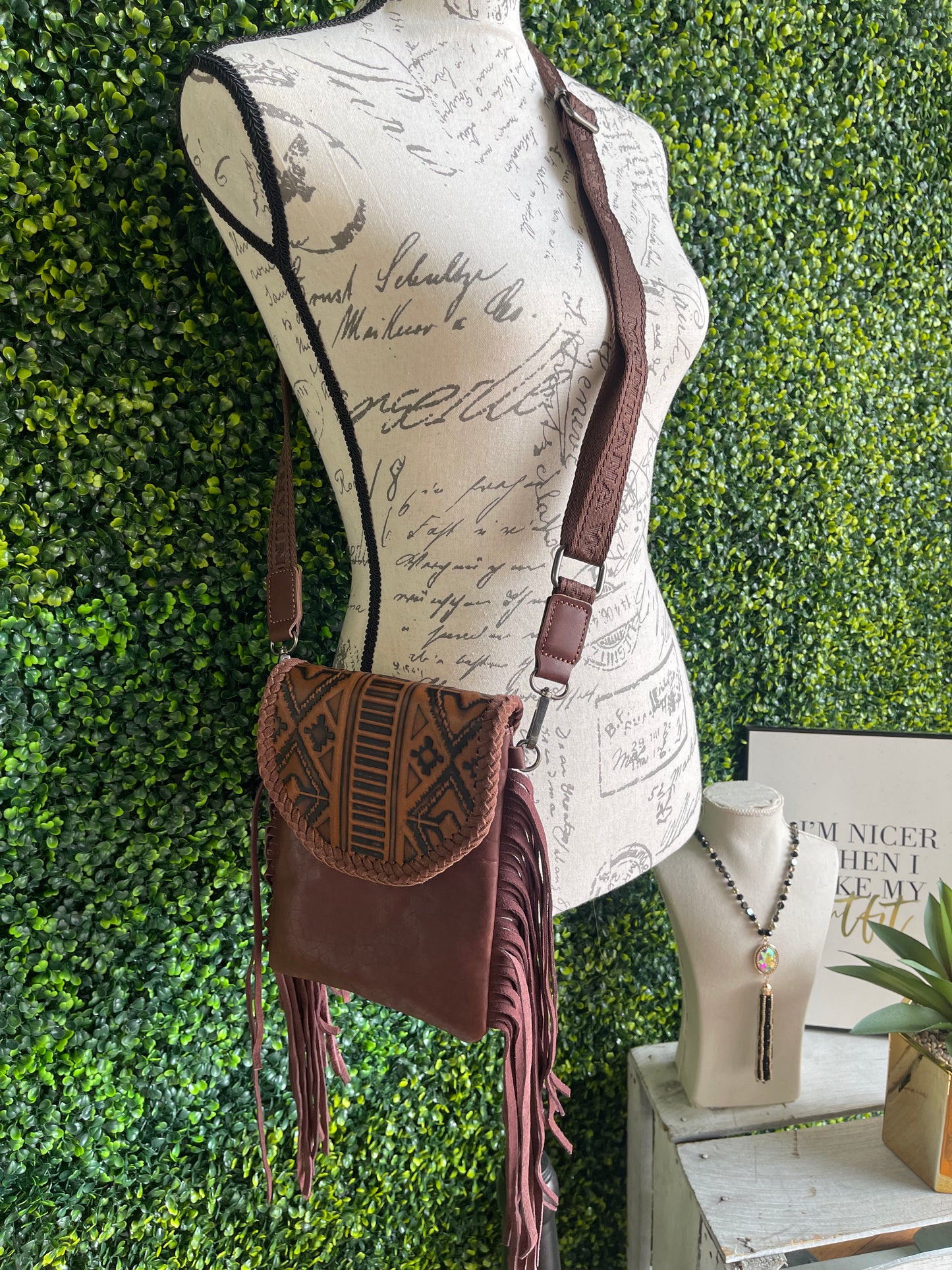 Montana West Genuine Leather Tooled Collection Crossbody - Brown Aztec