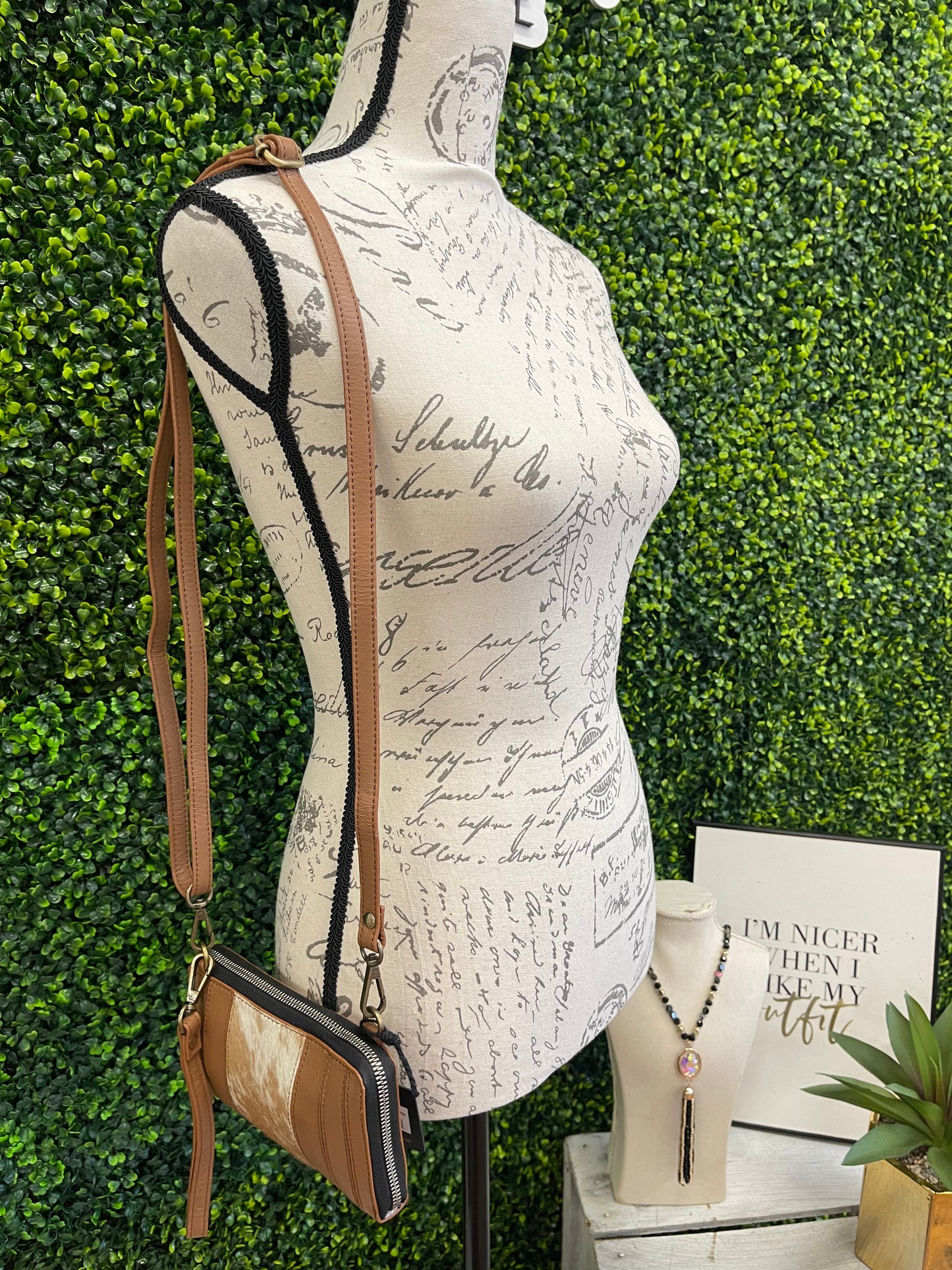 The Milly Genuine Leather & Cowhide Crossbody Wristlet Wallet - Coffee