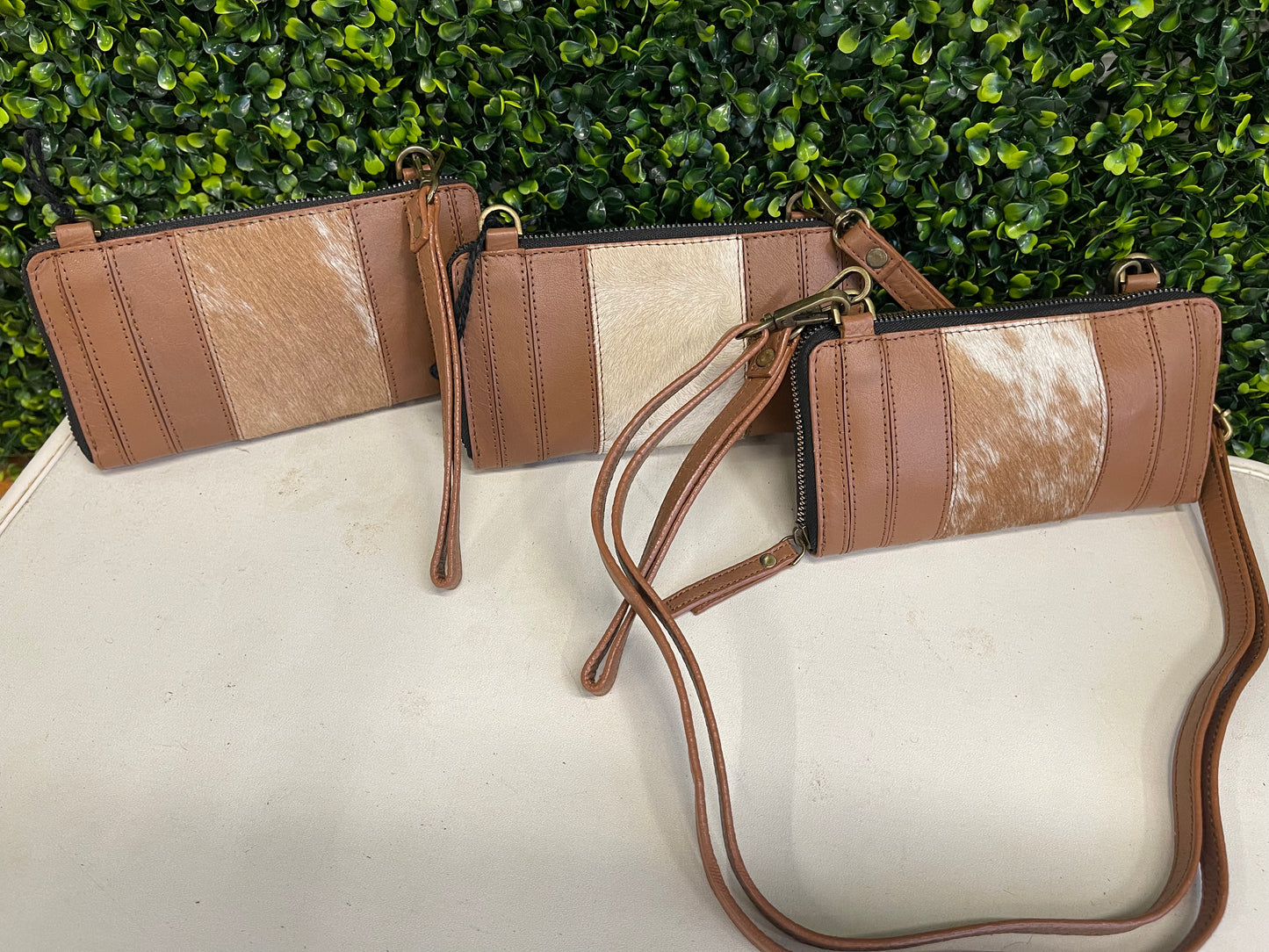 The Milly Genuine Leather & Cowhide Crossbody Wristlet Wallet - Coffee
