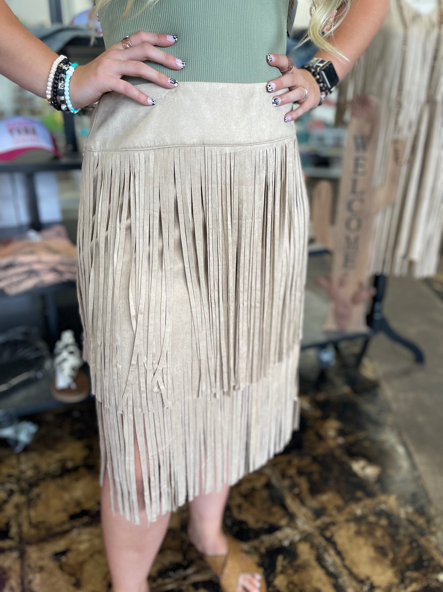 FINAL SALE - The Nashville Nights Taupe Suede Fringe Skirt
