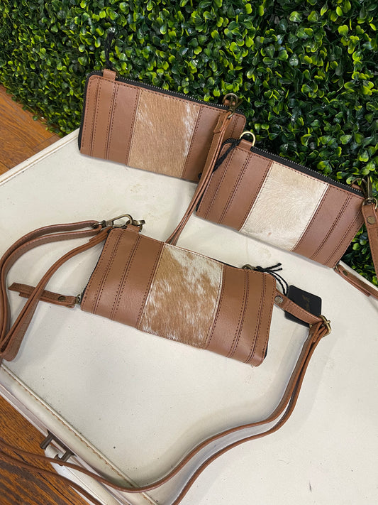 The Milly Genuine Leather & Cowhide Crossbody Wristlet Wallet - Coffee