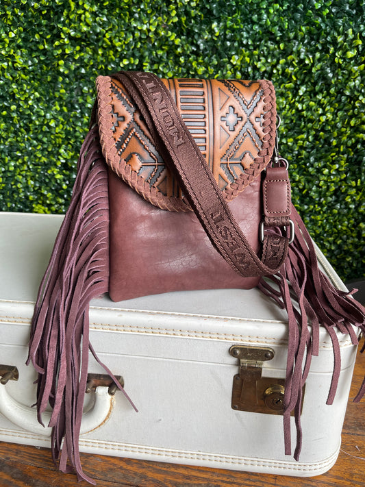 Montana West Genuine Leather Tooled Collection Crossbody - Brown Aztec
