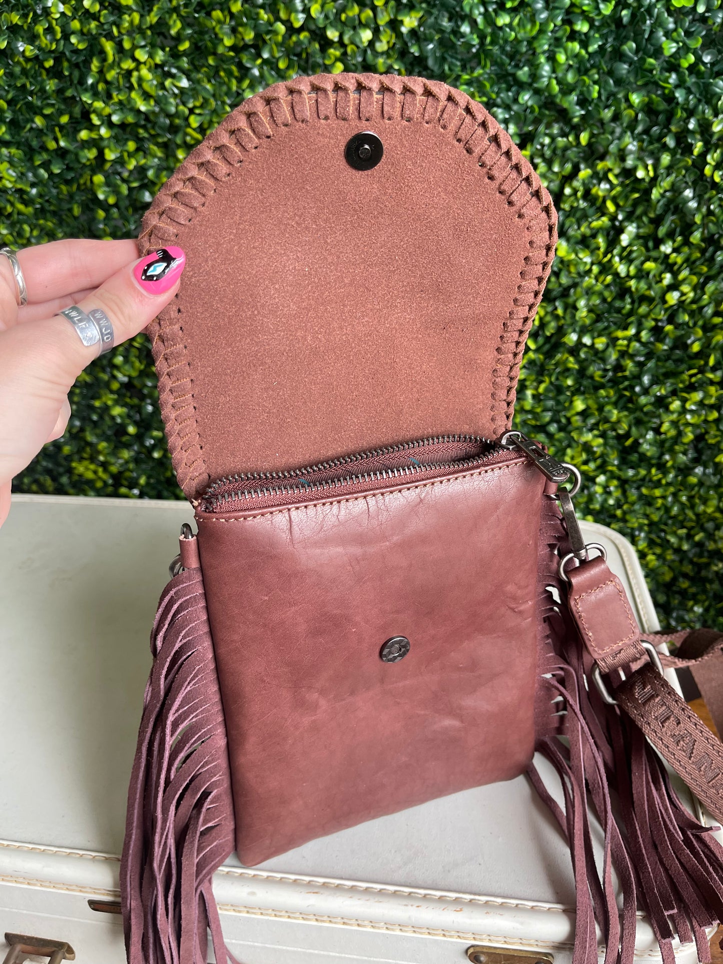 Montana West Genuine Leather Tooled Collection Crossbody - Brown Aztec