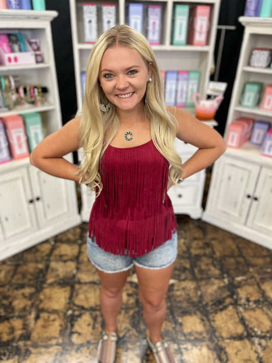 FINAL SALE - Burgundy Suede Fringed Camisole