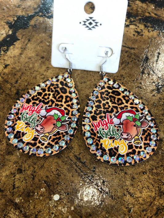 Jingle Bells Ring Cow Rhinestone Metal Teardrop Earrings - Leopard