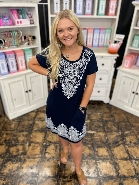 FINAL SALE - The Keira Damask Midi Dress - Navy