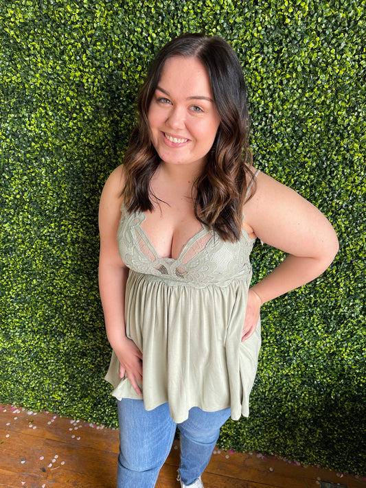 FINAL SALE - CURVY - Maren III Peplum Cami Top - Pale Sage
