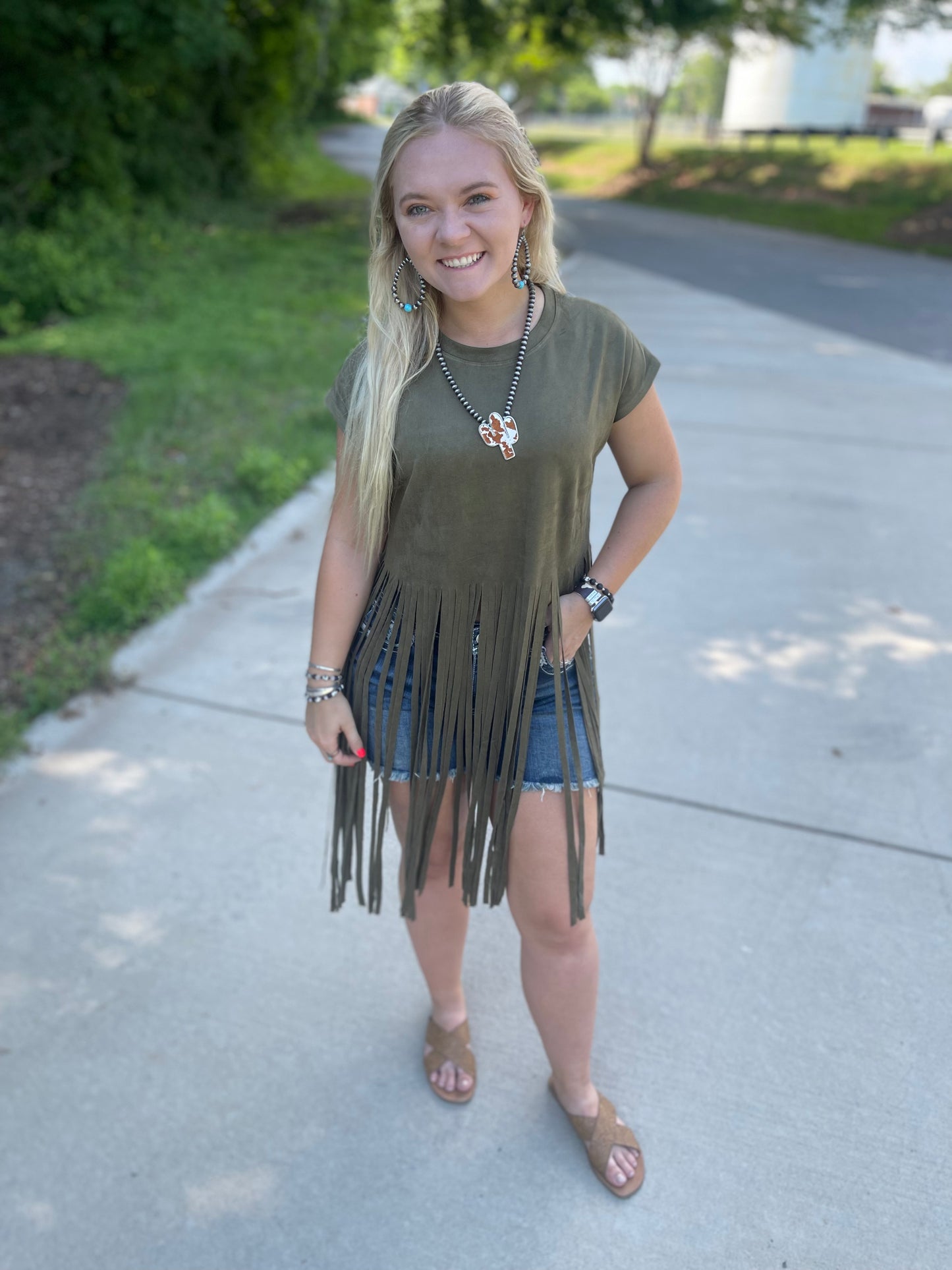 FINAL SALE - Dark Olive Suede SS Long Fringed Top