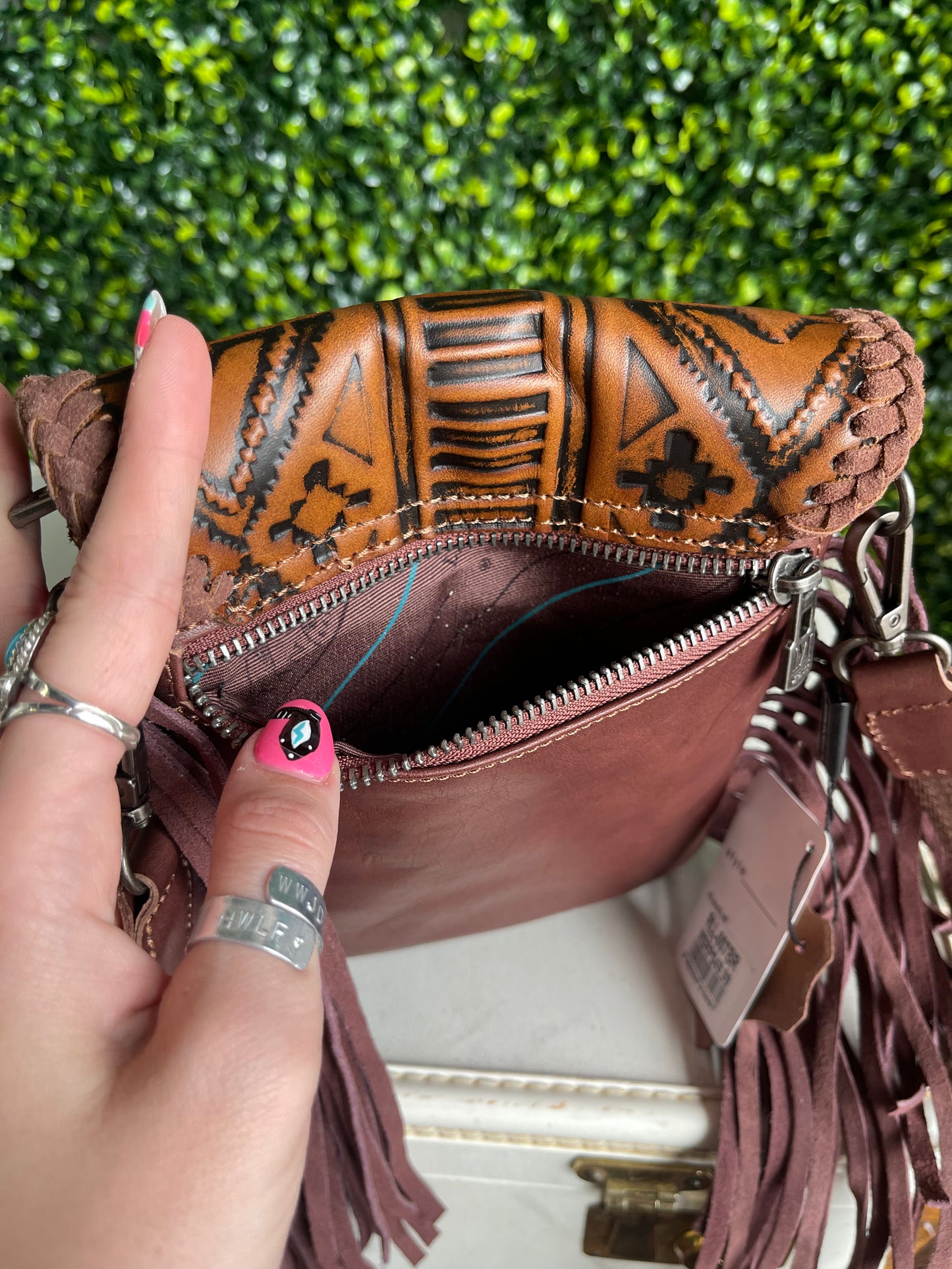 Montana West Genuine Leather Tooled Collection Crossbody - Brown Aztec