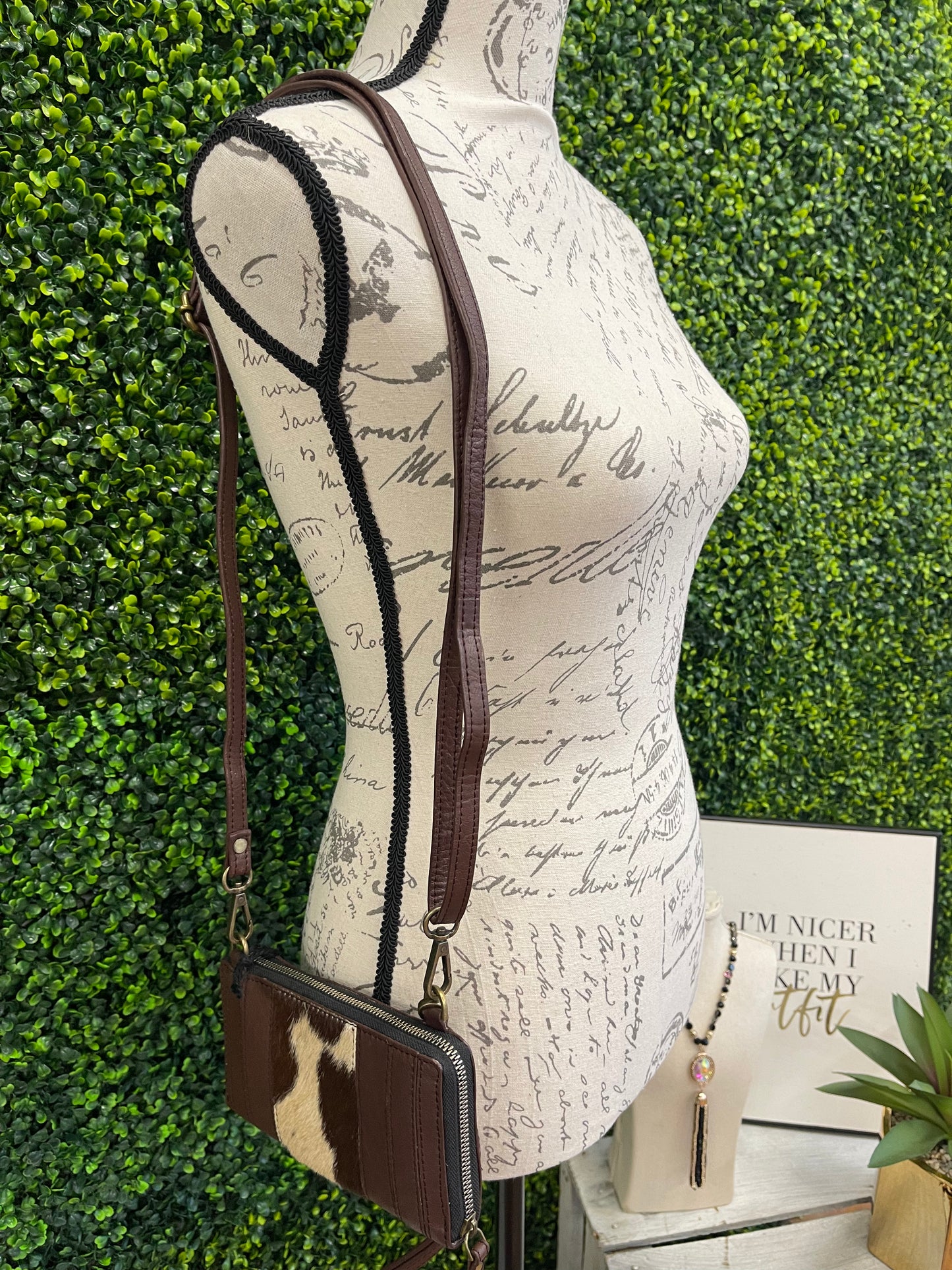 The Milly Genuine Leather & Cowhide Crossbody Wristlet Wallet - Chocolate