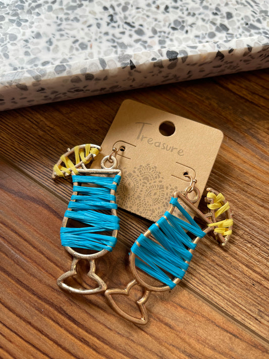 The Tropical Drink Raffia Wrapped Statement Earrings - Blue